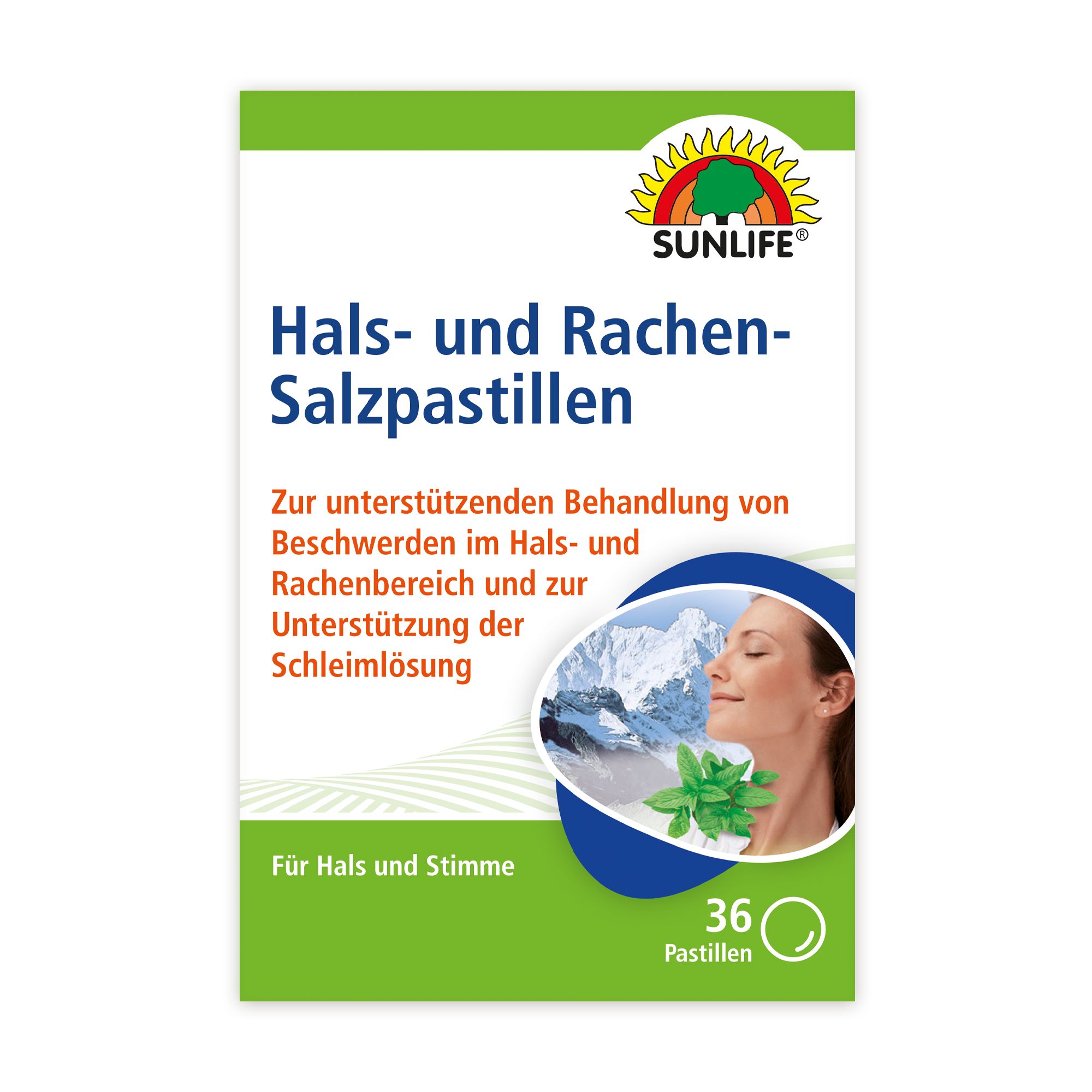Verpackung von Sunlife Hals- und Rachen-Salzpastillen. 36 Pastillen. Grün-weißes Design mit Logo und Produktinformationen.