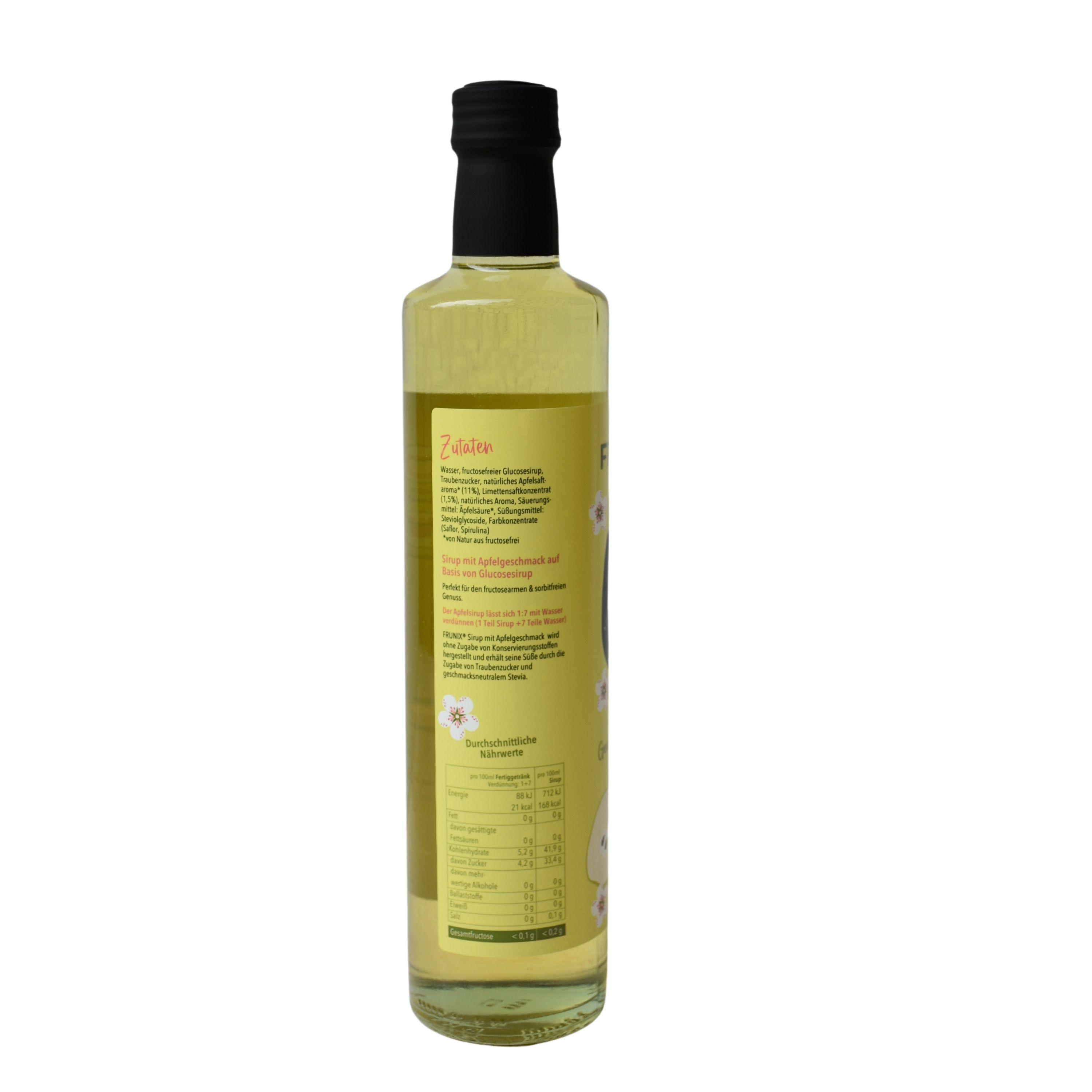 Glasflasche mit gelber Flüssigkeit und schwarzem Verschluss. Etikett mit Text. FRUNIX Apfelsirup.
