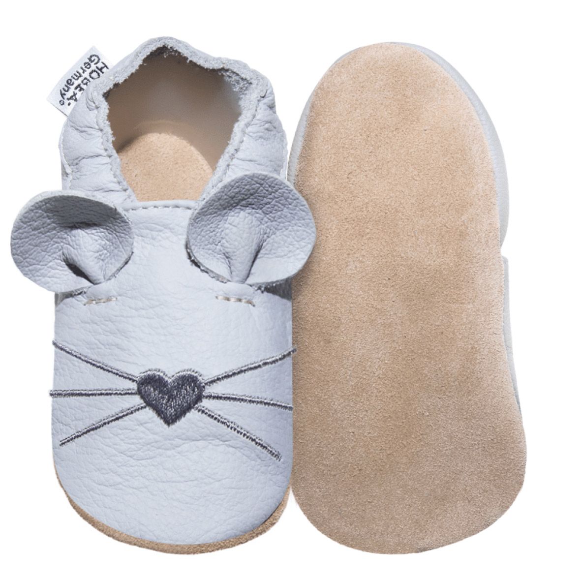 Hellgrauer Babyschuh mit Maus-Design. Ein Schuh, Ohren, Schnurrhaare und Herz-Applikation. Sohle sichtbar. Marke: HOBEA-Germany.