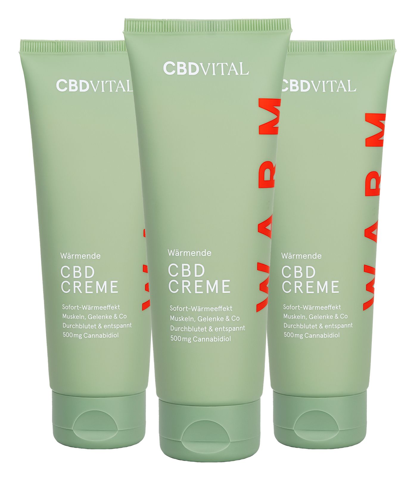 Drei grüne Tuben CBD VITAL Wärmende CBD Creme mit rotem Aufdruck 'WARM'.