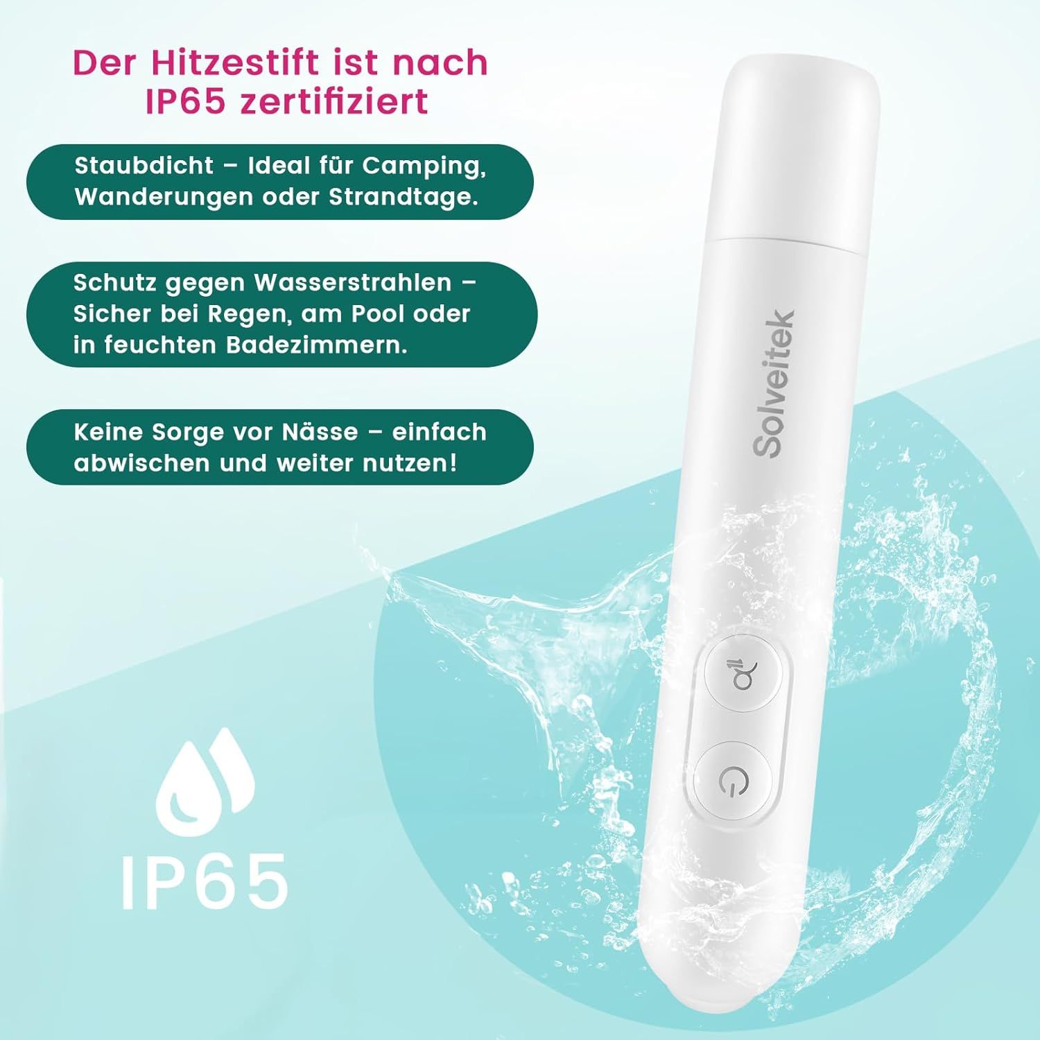 Weißer Insektenstichheiler mit IP65-Zertifizierung. Text über Staubdichtigkeit und Wasserschutz.