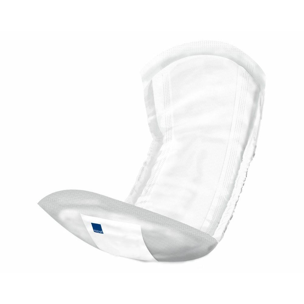 Weiße Einlage, leicht gebogen. Blaue Markierung. Produktmerkmal: saugfähig.