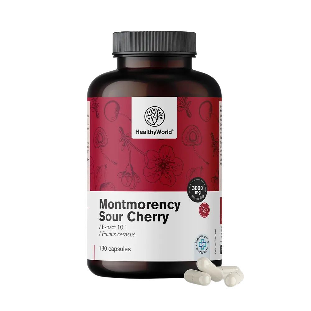 Braune Flasche mit Kapseln. Aufschrift: Montmorency Sour Cherry, 180 Kapseln. Logo: HealthyWorld. Zertifizierungen.
