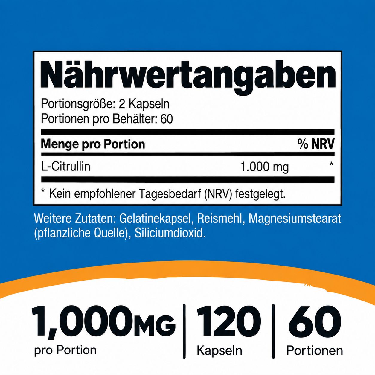 Nährwertangaben für L-Citrullin: 1.000 mg pro Portion, 120 Kapseln.