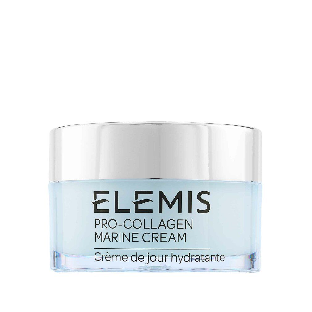 Elemis Pro-Collagen Marine Cream-Tiegel. Glasbehälter mit silbernem Deckel. Text: Pro-Collagen Marine Cream, Crème de jour hydratante.