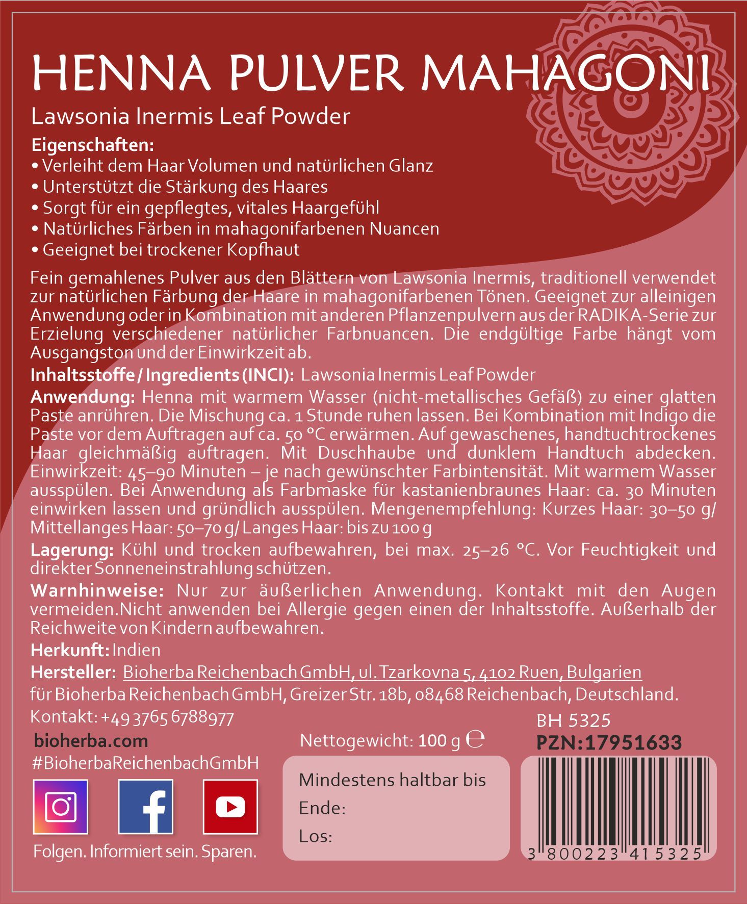 Rückseite der Henna Pulver Mahagoni Verpackung. Textinformationen, Inhaltsstoffe, Anwendung, Hersteller, Chargennummer.