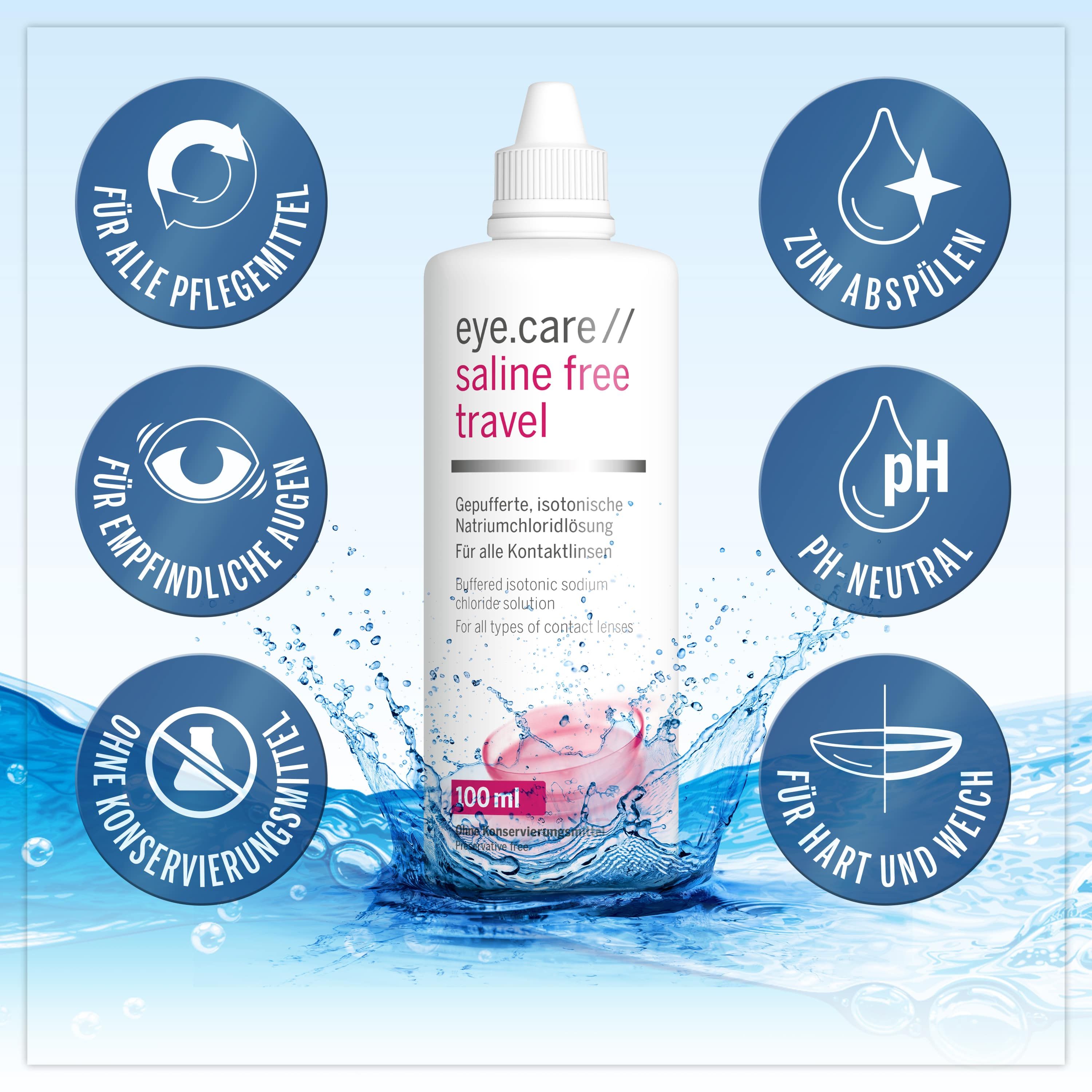 eye.care saline free travel Flasche mit Wasser-Effekt. Text: Für empfindliche Augen, pH-neutral, ohne Konservierungsmittel.