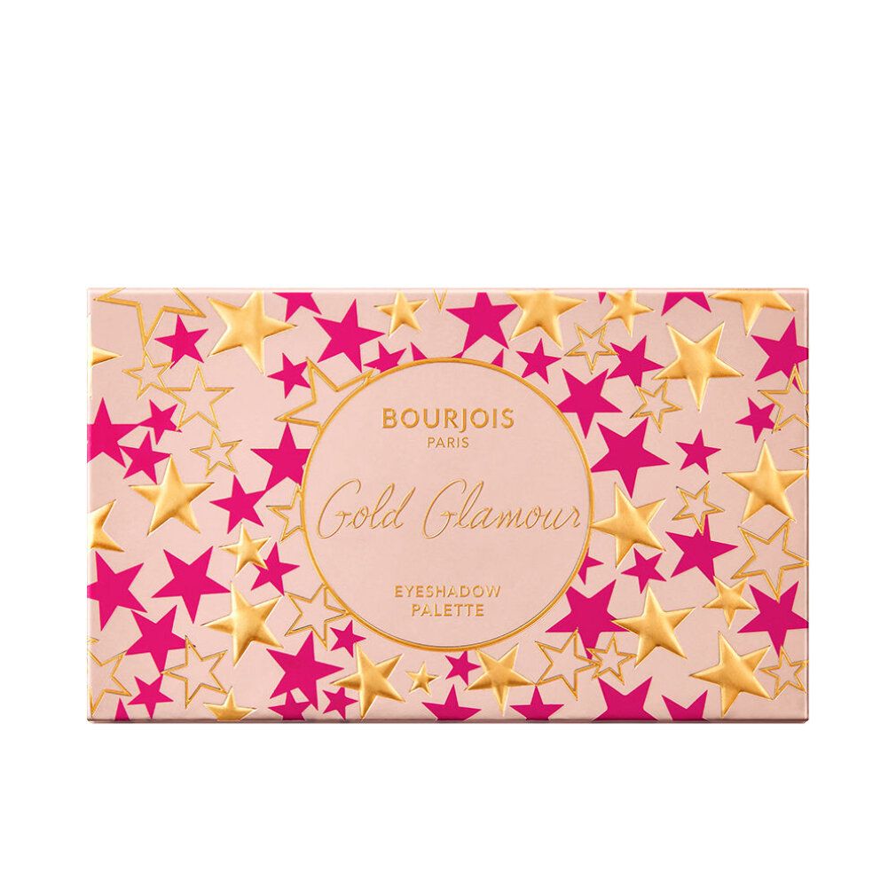 Bourjois Paris Gold Glamour Lidschattenpalette. Rosa Verpackung mit goldenen und pinken Sternen. Produktname in einem Kreis.