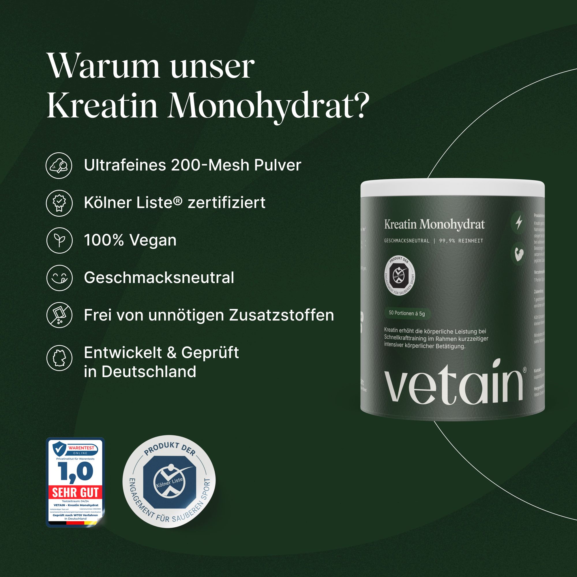 VETAIN Proteinpulver Vegan + Kreatin Monohydrat – 21g Protein - fermentiert & ohne Zusätze