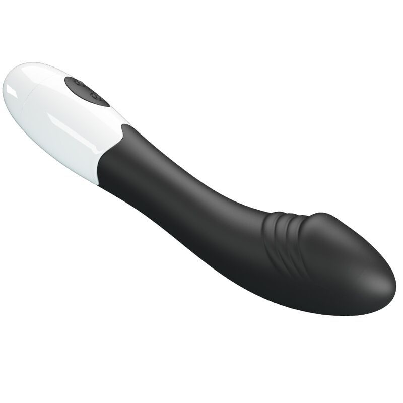 Schwarzer G-Punkt-Vibrator mit weißem Griff und zwei Bedientasten.