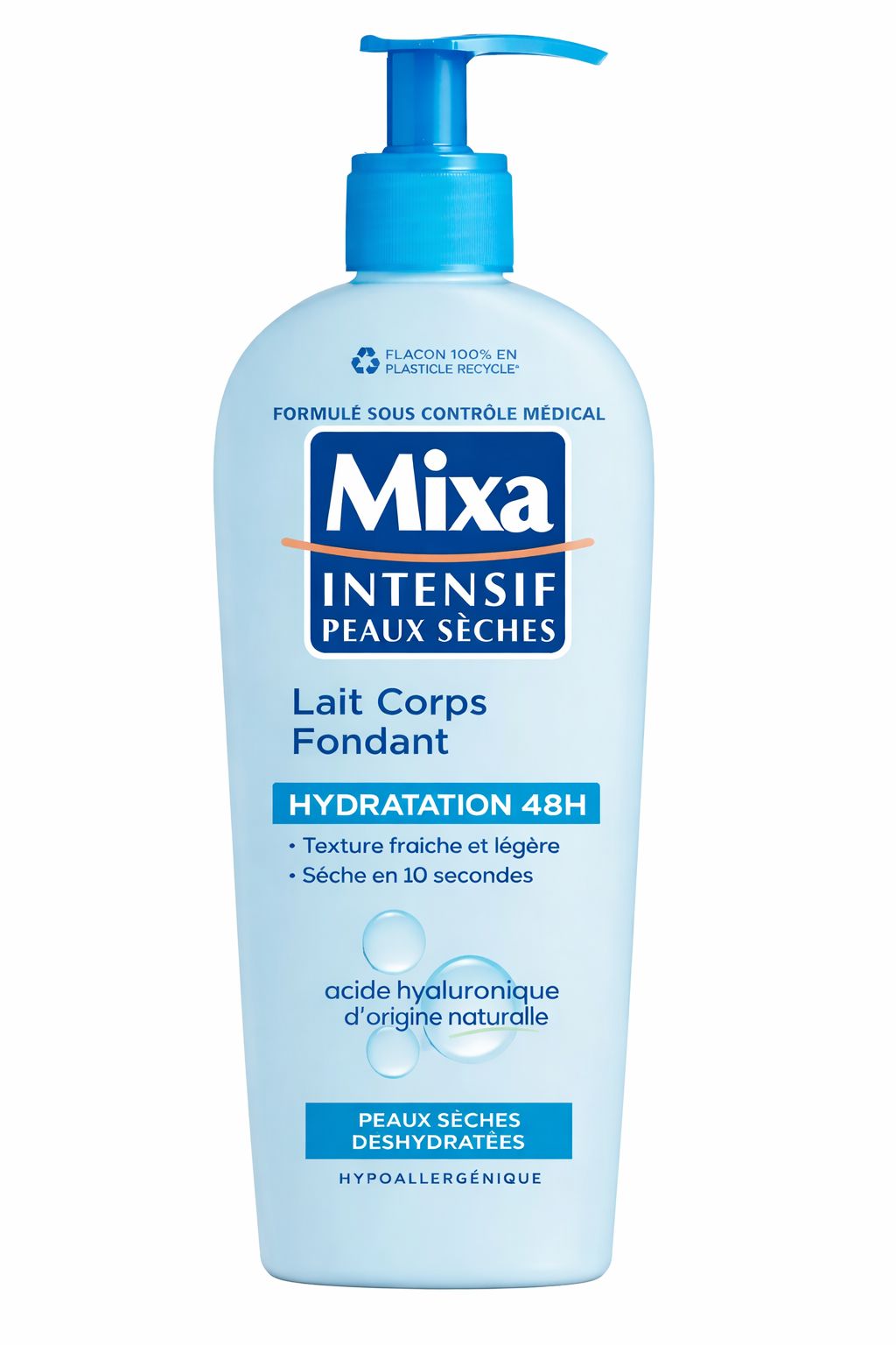 Hellblaue Flasche mit blauem Pumpkopf. Aufschrift: Mixa Intensif, Lait Corps Fondant, Hydratation 48H. Für trockene, dehydrierte Haut.