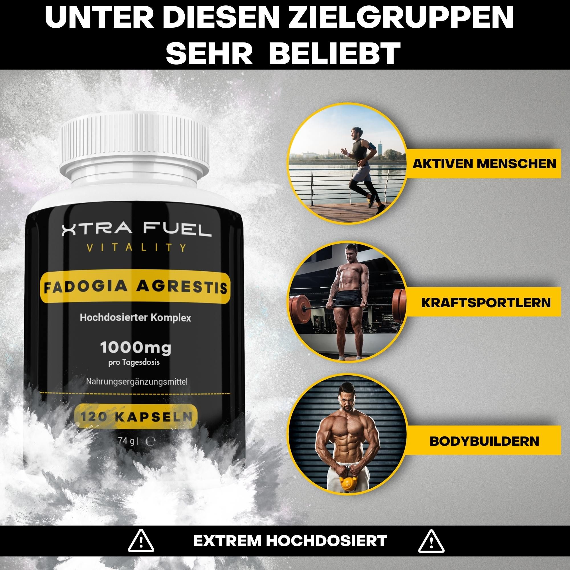 XTRA FUEL Fadogia Agrestis Kapseln. Zielgruppen: aktive Menschen, Kraftsportler, Bodybuilder. Extrem hochdosiert.