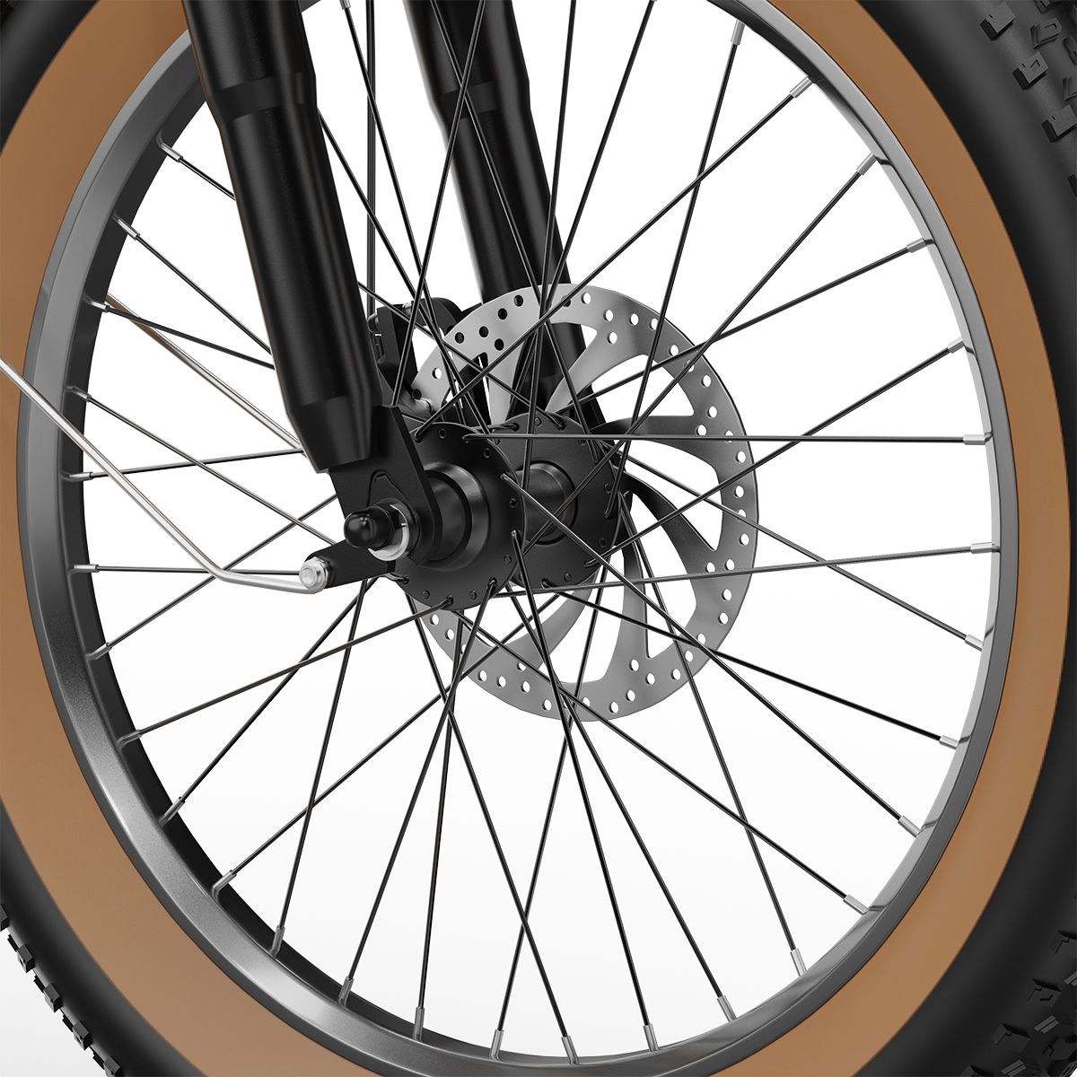 Nahaufnahme des Vorderrads eines Elektrofahrrads. Schwarze Gabel, Bremsscheibe und Speichen. Braune Reifen.