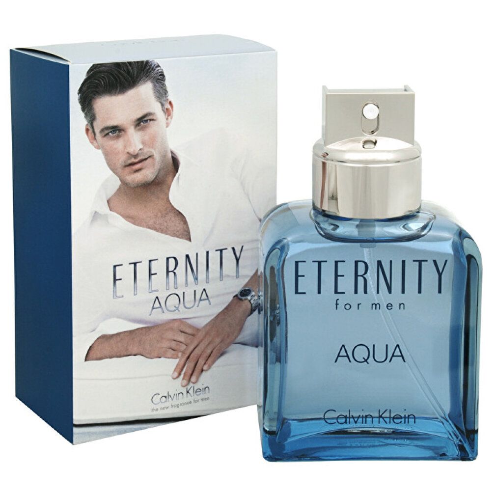 Parfümflakon und Verpackung. Aufschrift: ETERNITY for men AQUA. Marke: Calvin Klein. Abbildung eines Mannes.