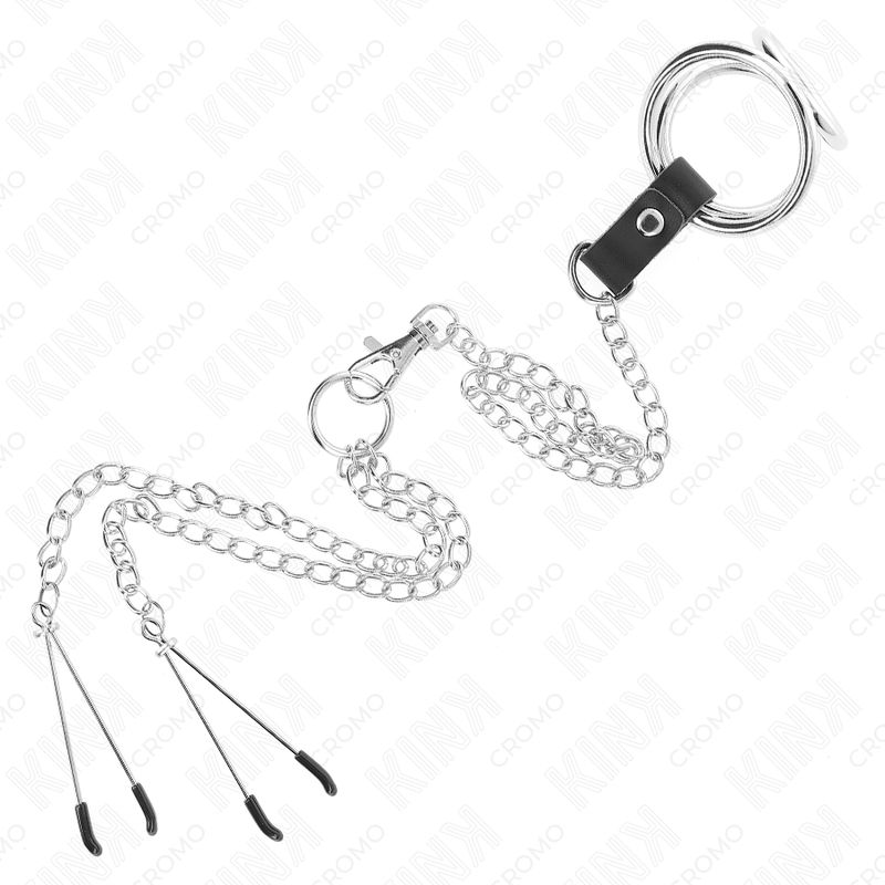 Metallkette mit Nippelklemmen, Ring und Karabinerhaken. Nippelklemmen mit schwarzen Spitzen. Ring mit schwarzem Leder.