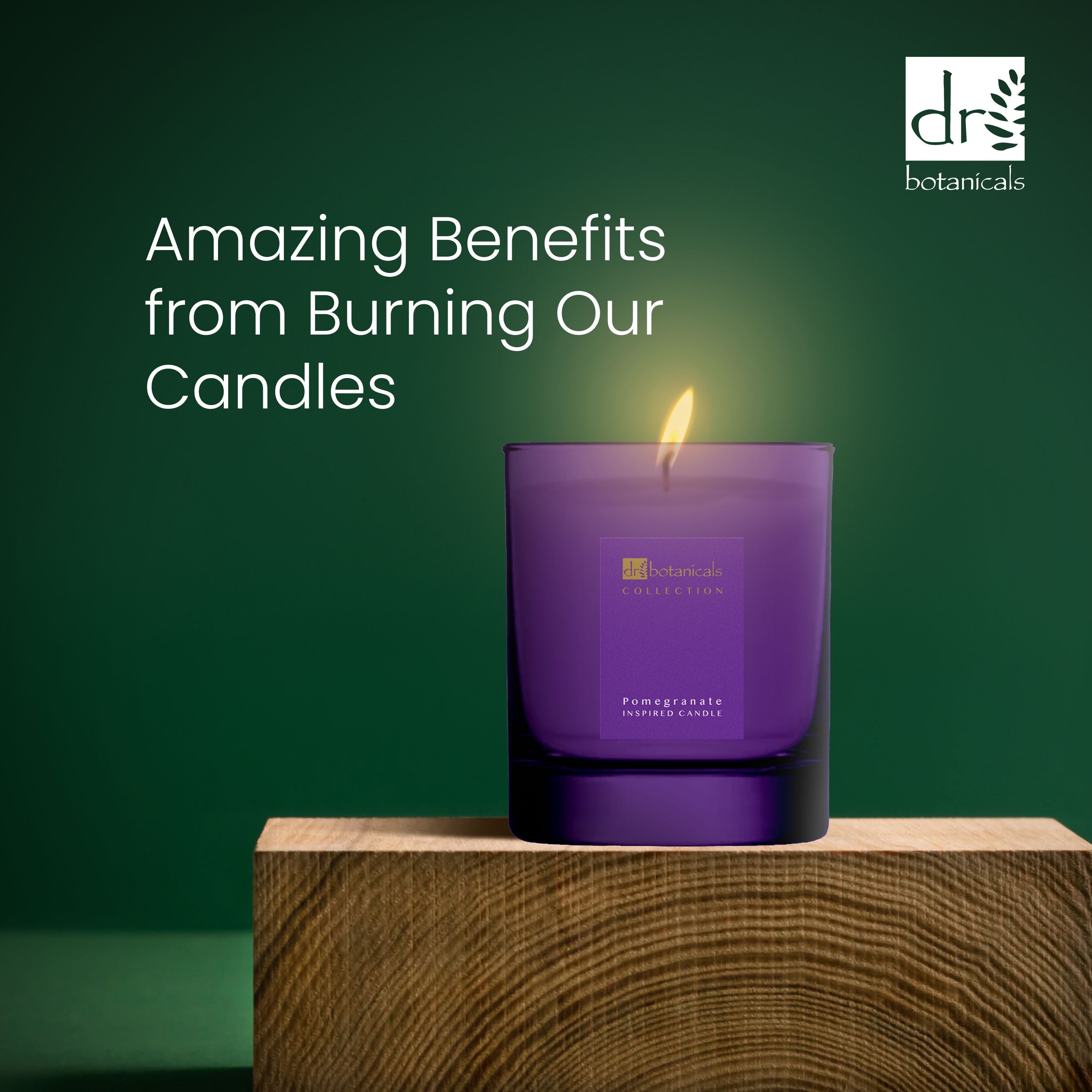 Violette Kerze auf Holzblock. Flamme brennt. Text: Amazing Benefits from Burning Our Candles.