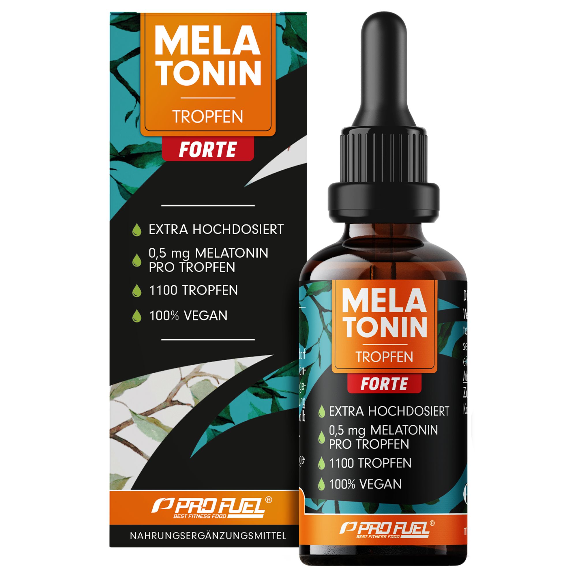 Braune Glasflasche mit schwarzem Tropfer und Verpackung. Aufschrift: Melatonin Tropfen Forte, 0,5 mg Melatonin, 1100 Tropfen, 100% vegan.