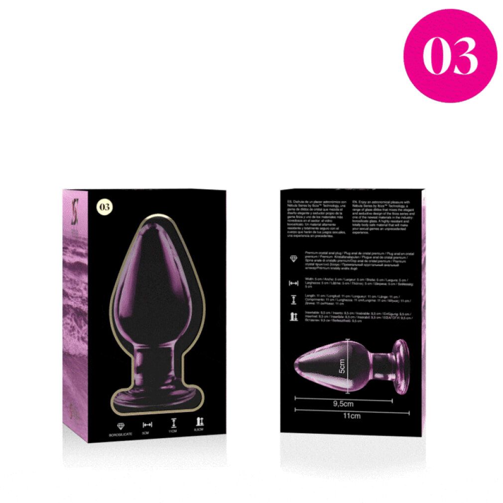 Verpackung und rosa Glas-Analplug. Der Plug ist 11 cm lang, 5 cm breit.