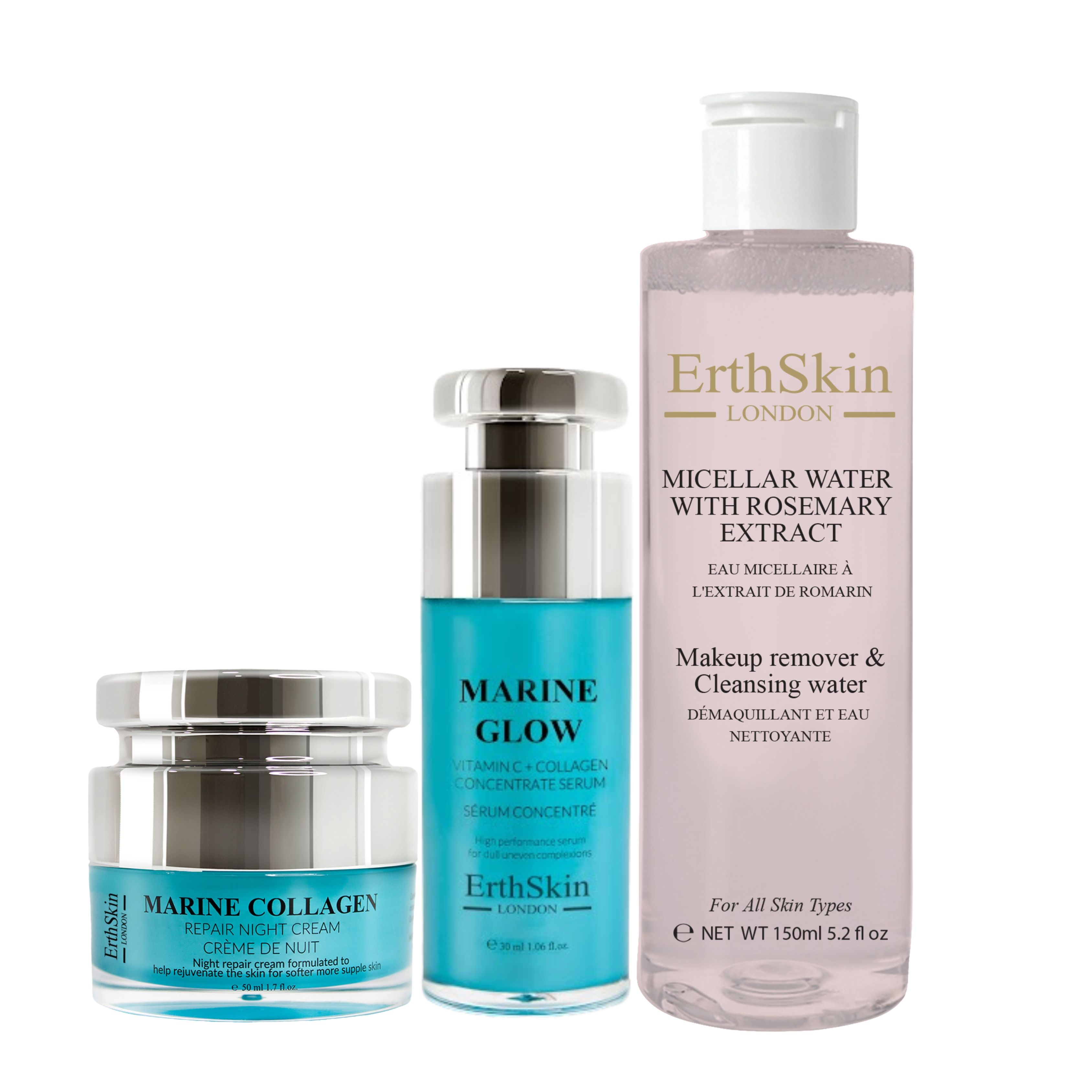 Drei Hautpflegeprodukte: Nachtcreme, Serum und Mizellenwasser. Blaue und silberne Behälter mit Produktnamen und Markennamen.