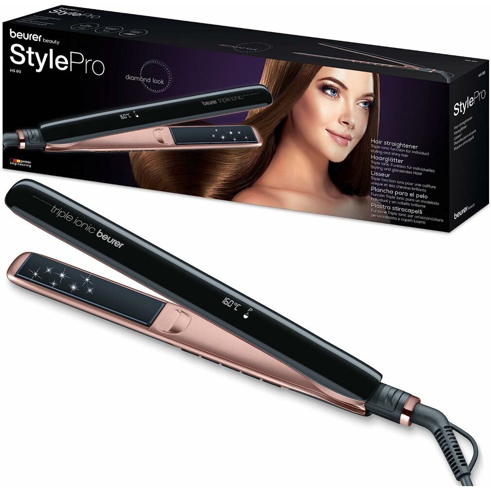 Beurer StylePro Haarglätter, schwarz mit roségoldfarbenen Elementen. Triple Ionic Funktion. Digitalanzeige.