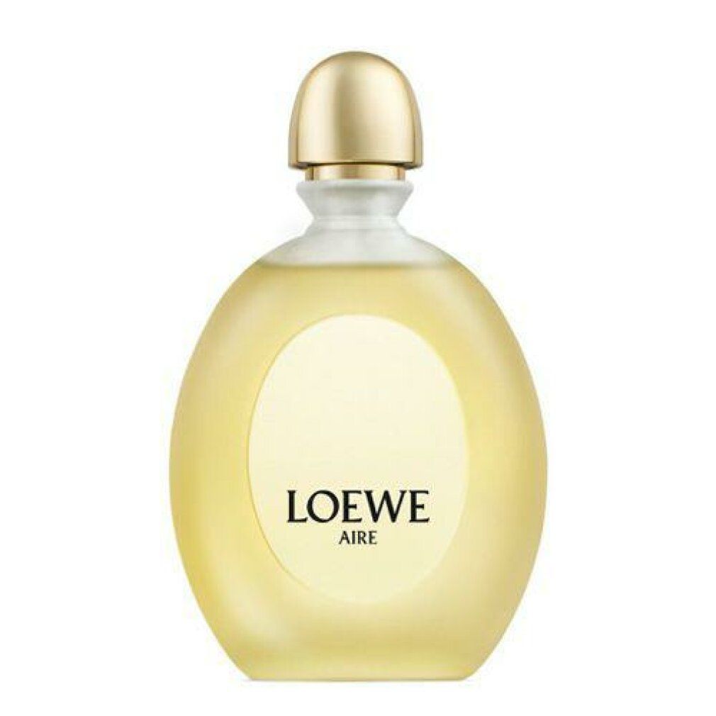 Loewe Aire Eau de Toilette Flakon. Ovale Form, goldfarbener Verschluss. Weißes Etikett mit Logo.
