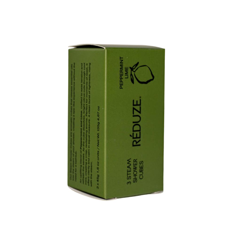 Grüne Schachtel mit Aufschrift RÉDUZE, Pfefferminze & Limette. 3 Steam Shower Cubes.