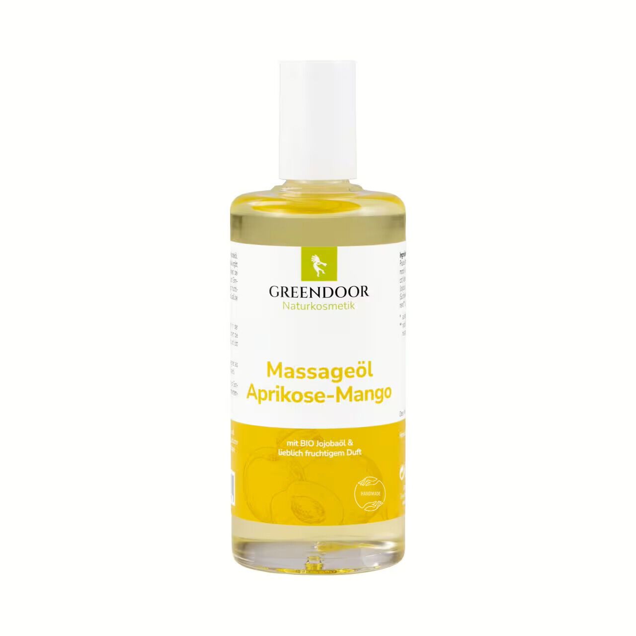 GREENDOOR Massageöl Aprikose-Mango in klarer Flasche mit weißem Verschluss. Gelbe Etiketten mit Produktinformationen.