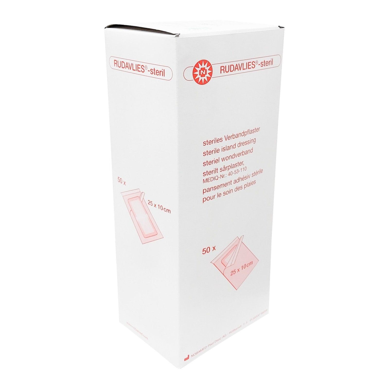 Weiße Verpackung mit Produktabbildung und Text. Aufschrift: RUDAVLIES-steril, steriles Verbandpflaster. Enthält 50 Stück, 25 x 10 cm.
