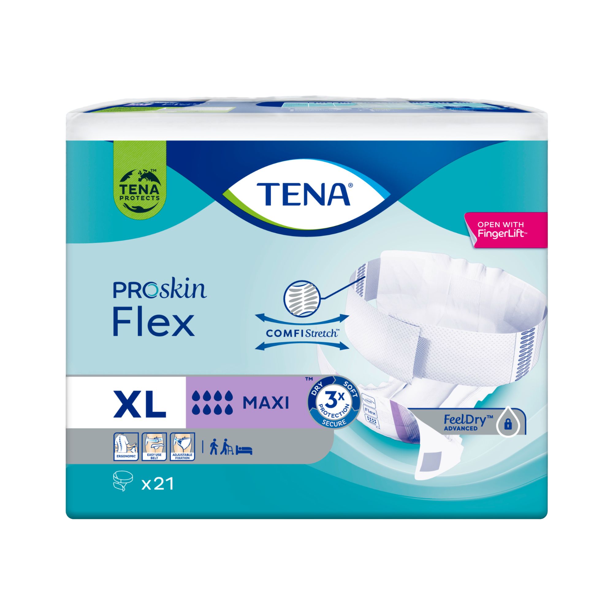 TENA ProSkin Flex Maxi, XL, x21. Verpackung mit Produktabbildung und Produktinformationen.