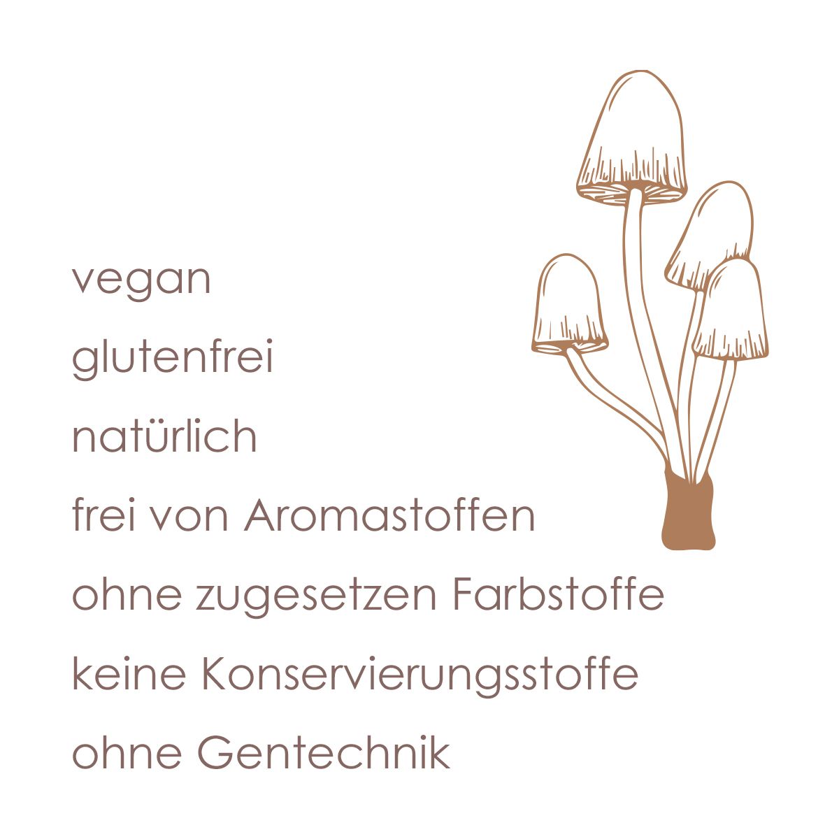 Text: vegan, glutenfrei, natürlich, frei von Aromastoffen, ohne zugesetzten Farbstoffe, keine Konservierungsstoffe, ohne Gentechnik.