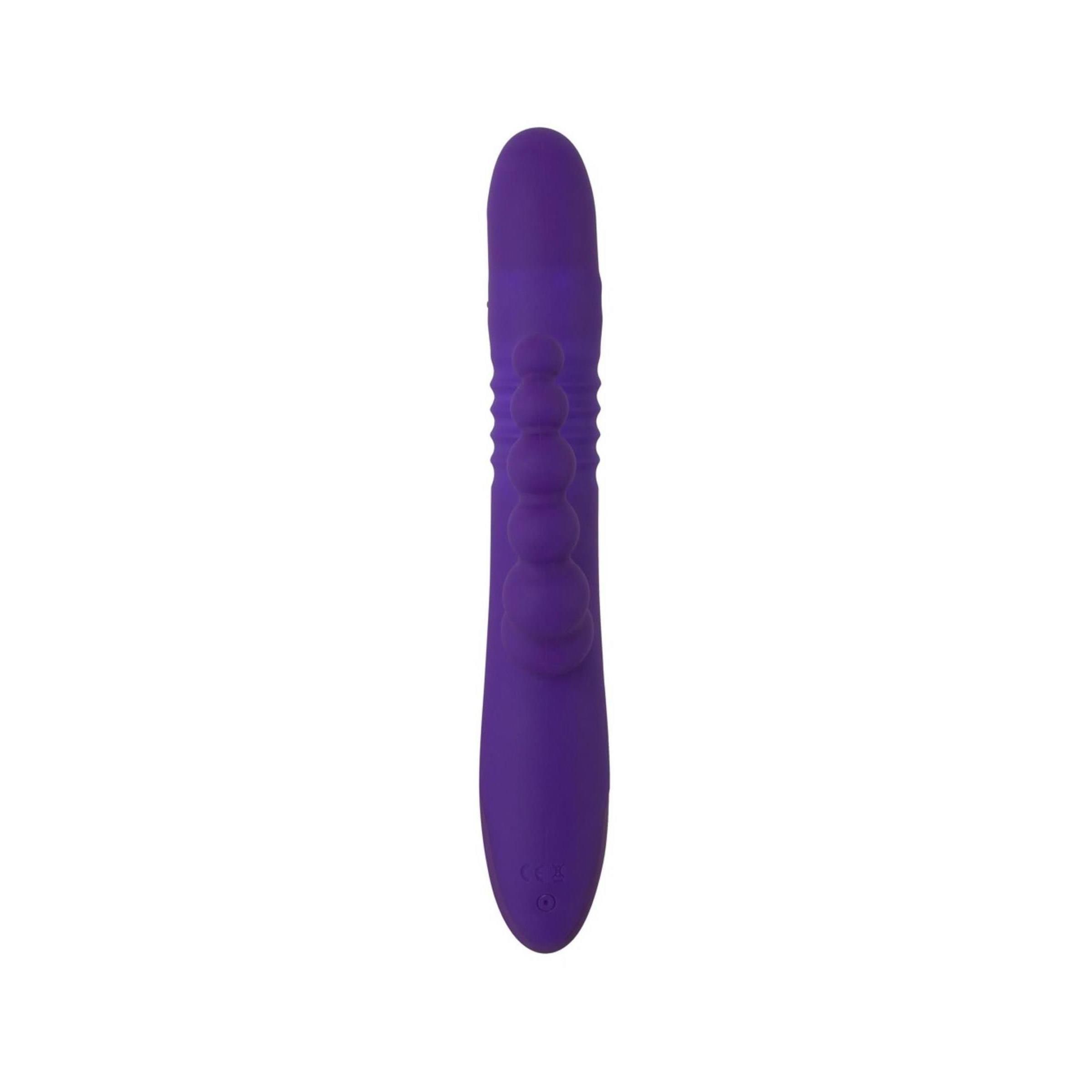Lila Vibrator mit Perlenreihe und Bedienknopf. Auf weißem Hintergrund.