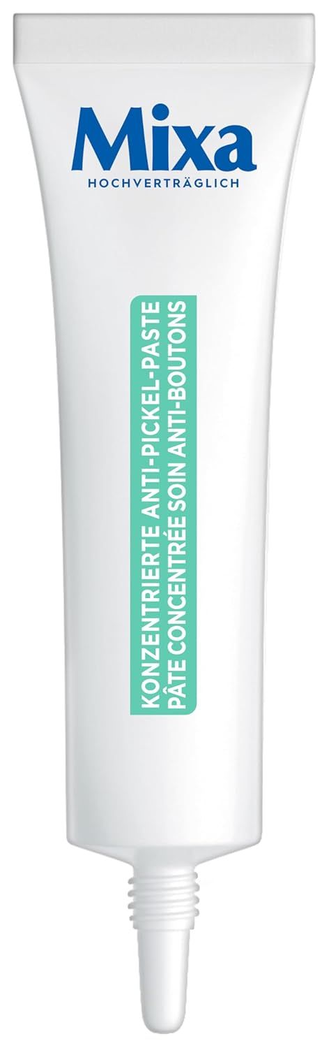 Weiße Tube Mixa. Konzentrierte Anti-Pickel-Paste. Blaues Mixa-Logo. Text: Hochverträglich.