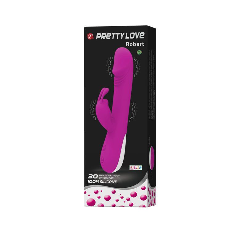 Verpackung von Pretty Love Robert Vibrator. Schwarzer Karton mit Produktabbildung und Logo.