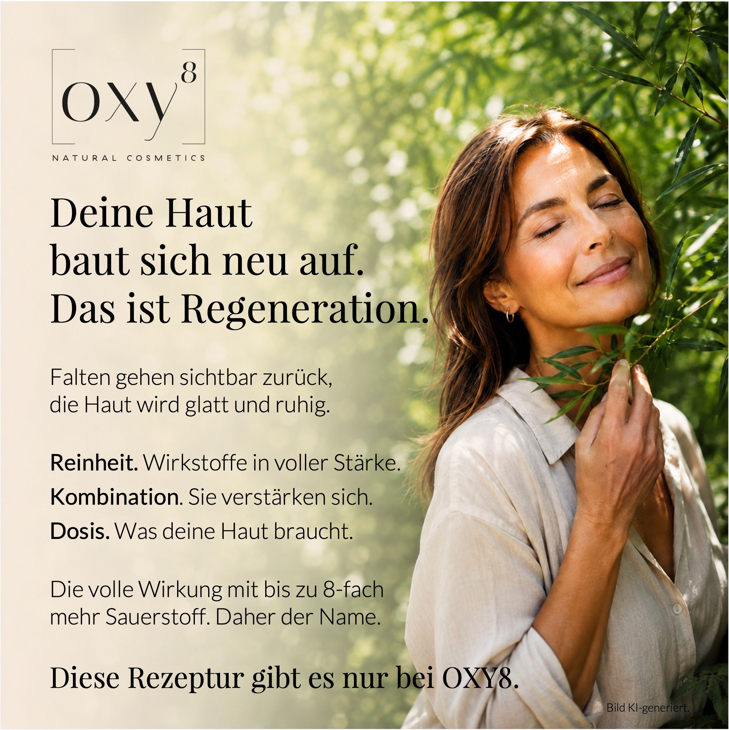 Frau im Freien, OXY8 Logo, Text über Hautregeneration.