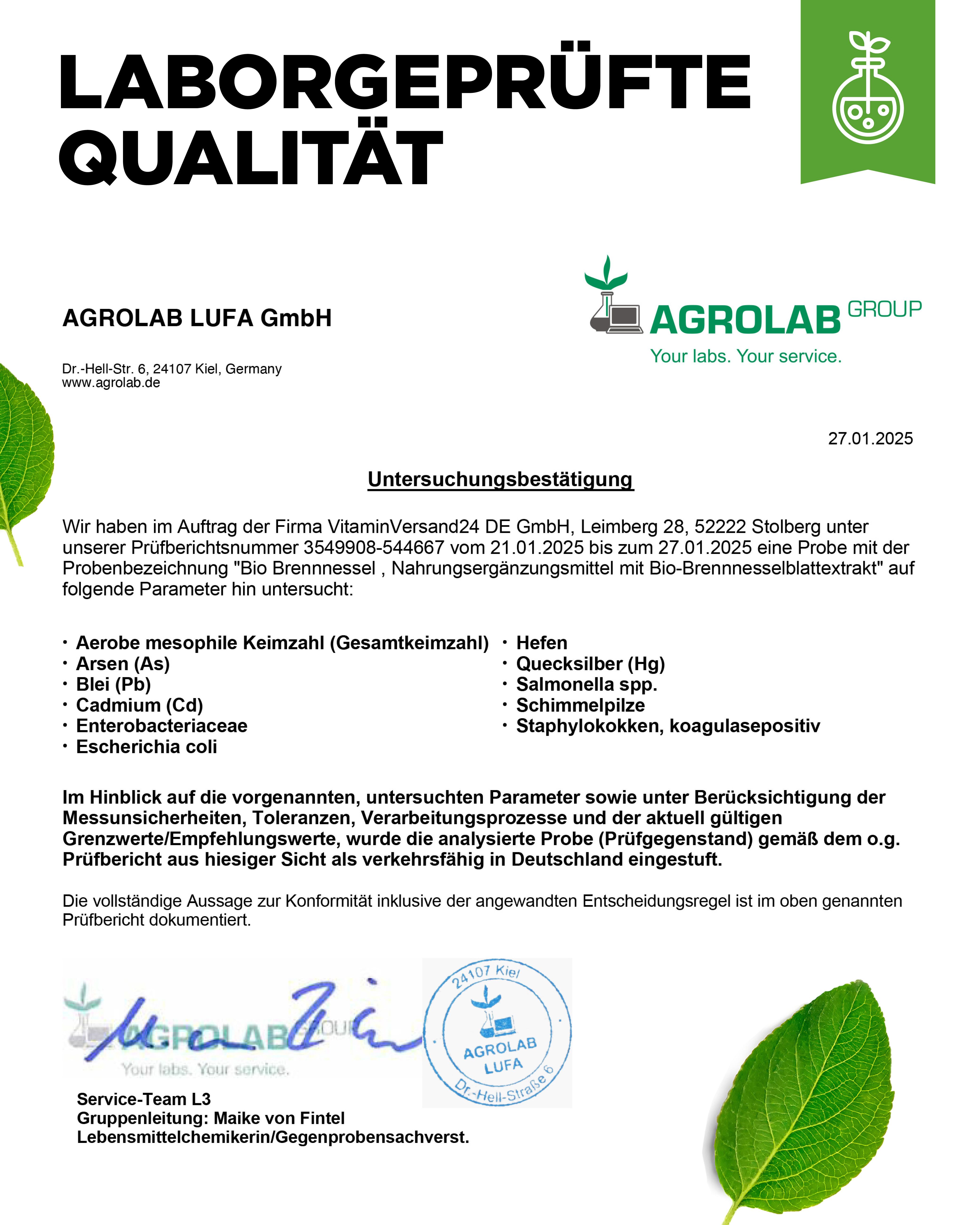 Laborbericht der Agrolab LUFA GmbH. Untersuchungsergebnisse für Bio Brennnessel Extrakt. Unterschrift und Stempel.