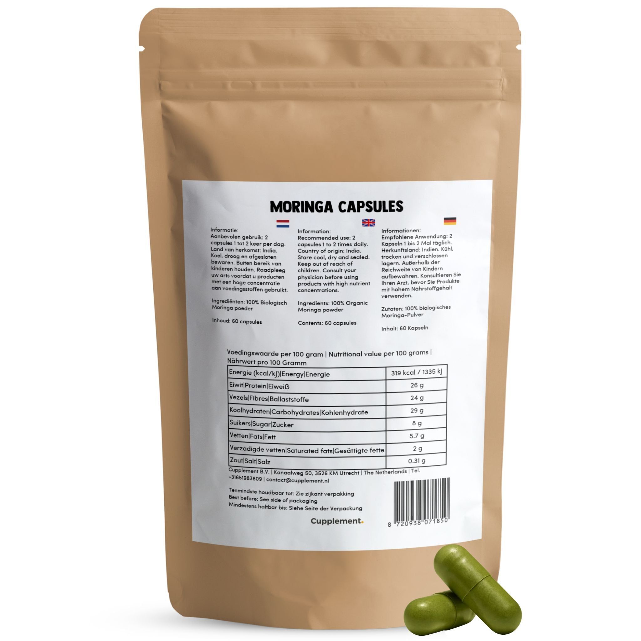 Rückseite der Cupplement Moringa Kapseln. Enthält Nährwertangaben und Inhaltsstoffe. 60 Kapseln.