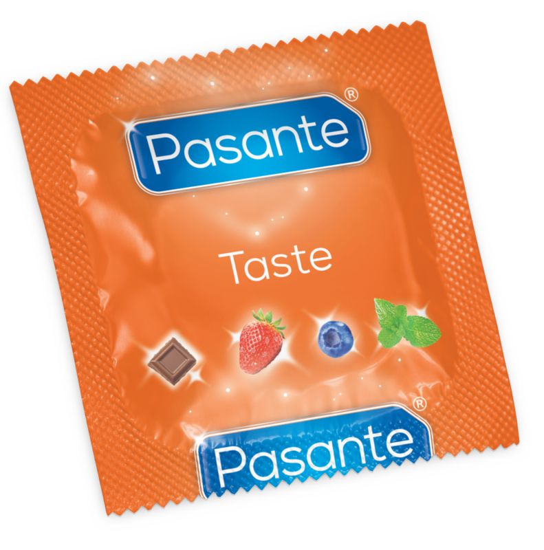 Einzelverpackung Pasante Taste Kondom. Orangefarben. Aufdrucke: Pasante, Taste, Frucht-Icons.