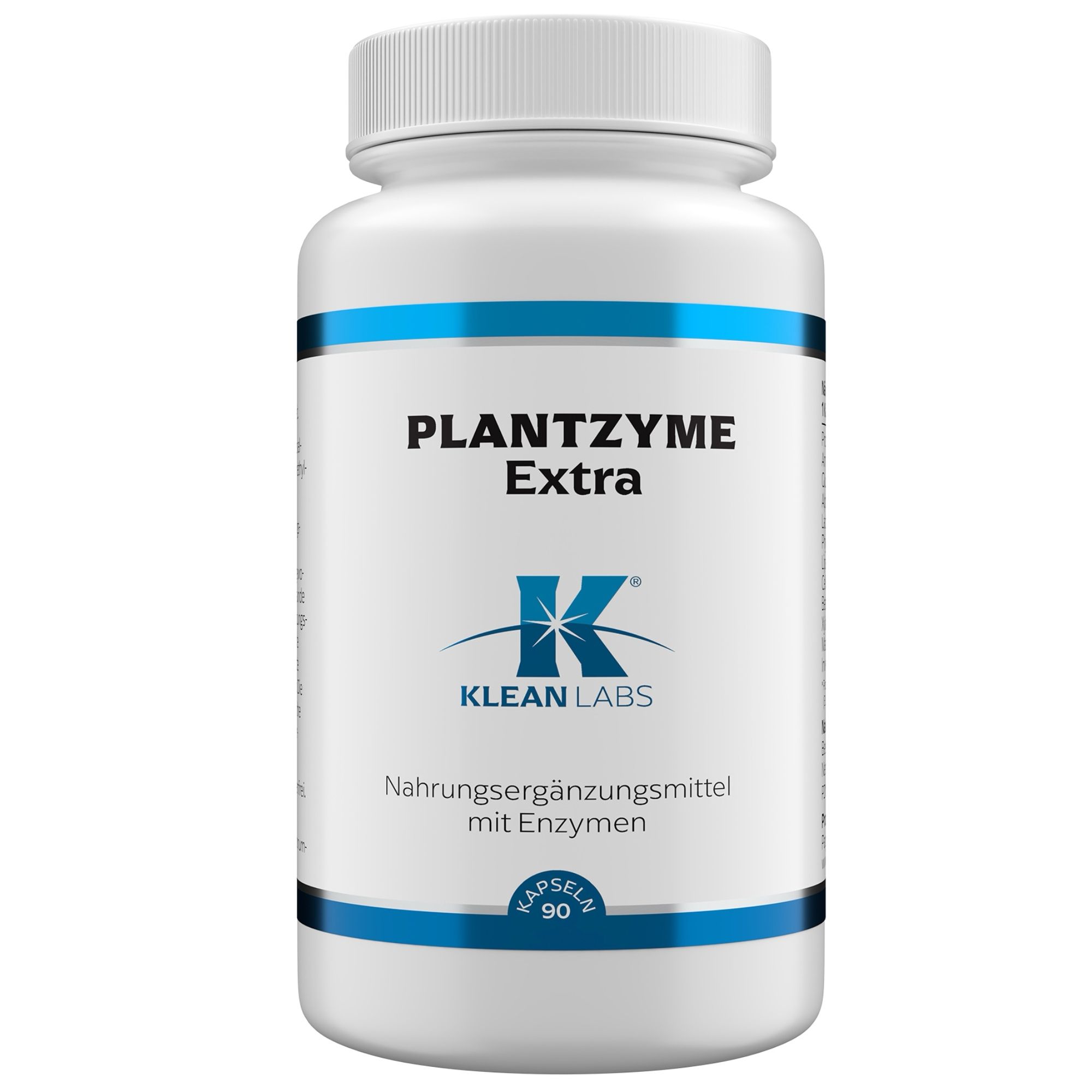 Weiße Flasche mit blauem Streifen und Aufschrift PLANTZYME Extra. Klean Labs Logo. Nahrungsergänzungsmittel mit Enzymen. 90 Kapseln.