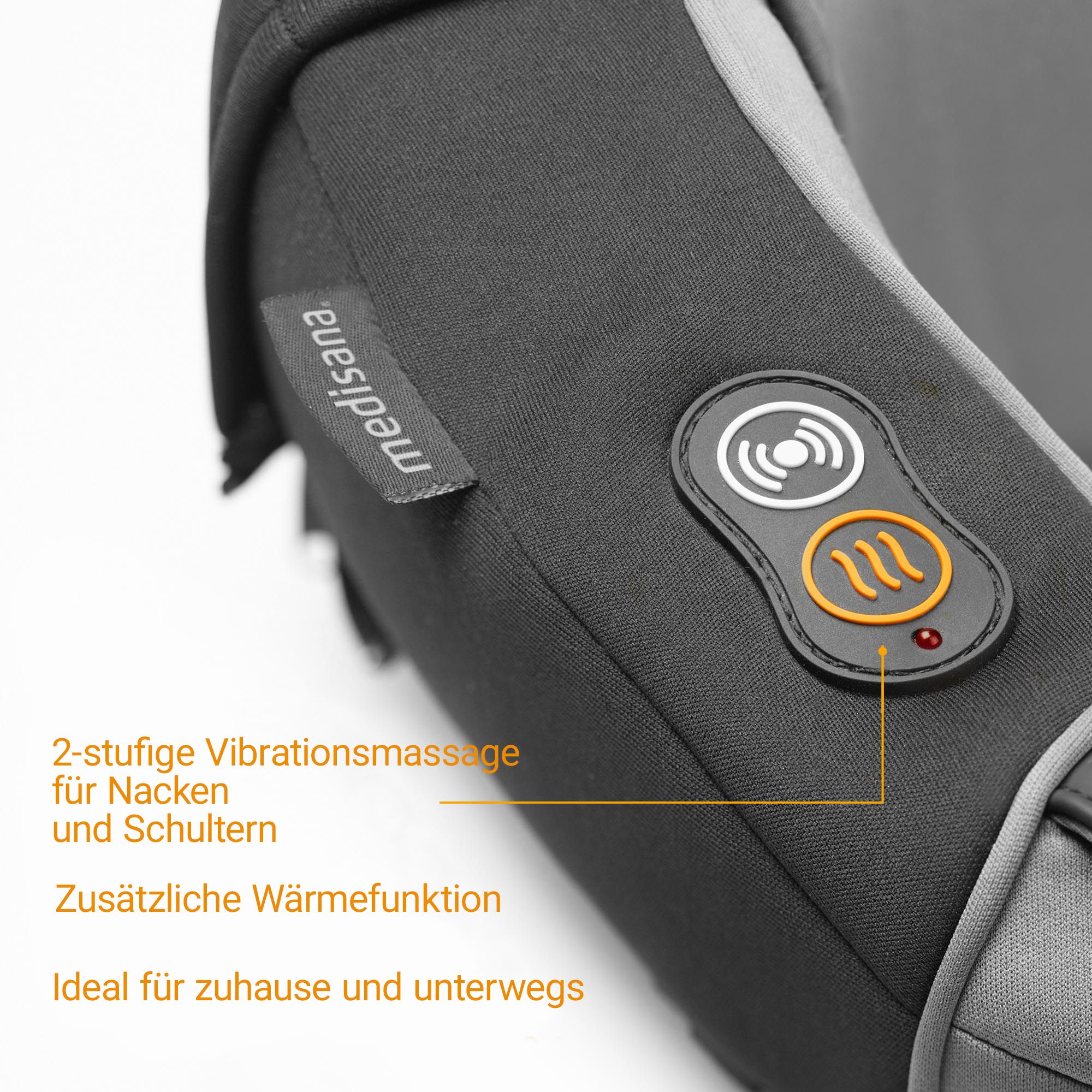 Nahaufnahme des Nackenmassagegeräts mit Bedienelementen und Beschriftungen.