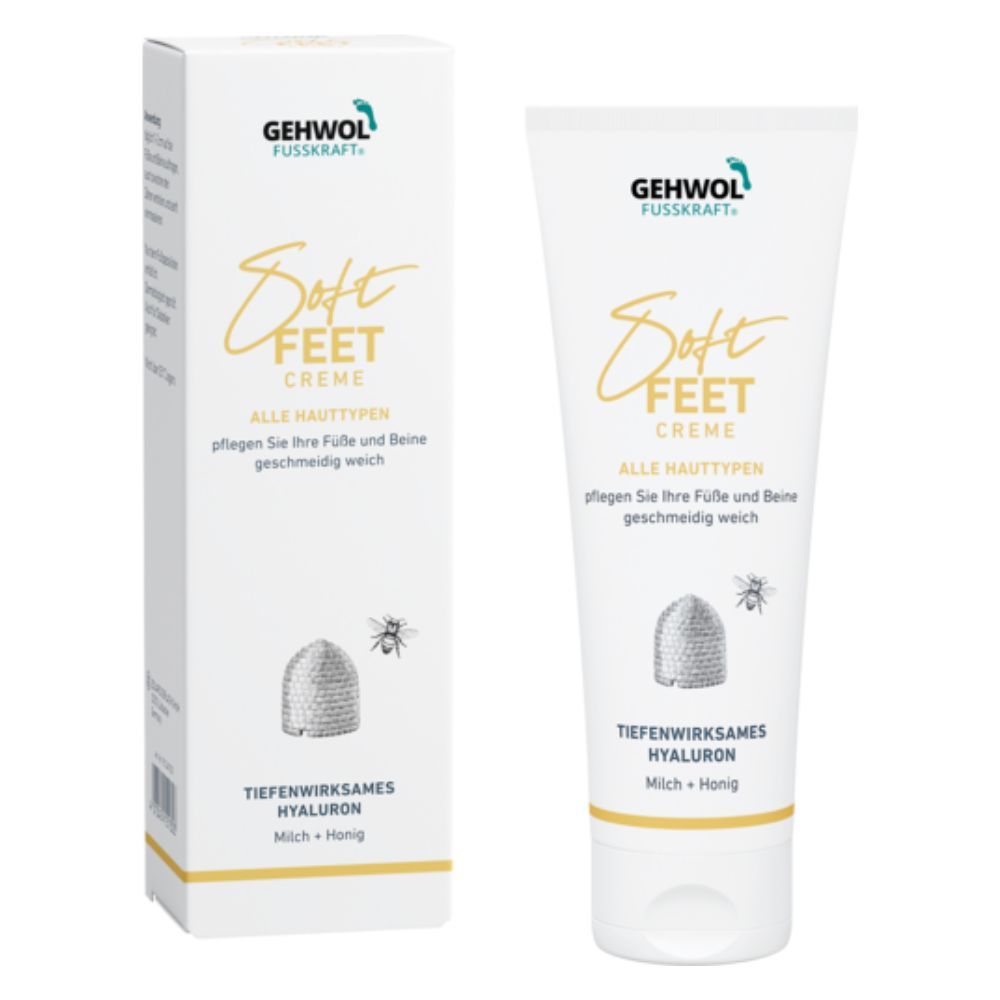 Creme-Tube und Verpackung. Schriftzug: GEHWOL FUSSKRAFT Soft Feet Creme. Text und Illustrationen.
