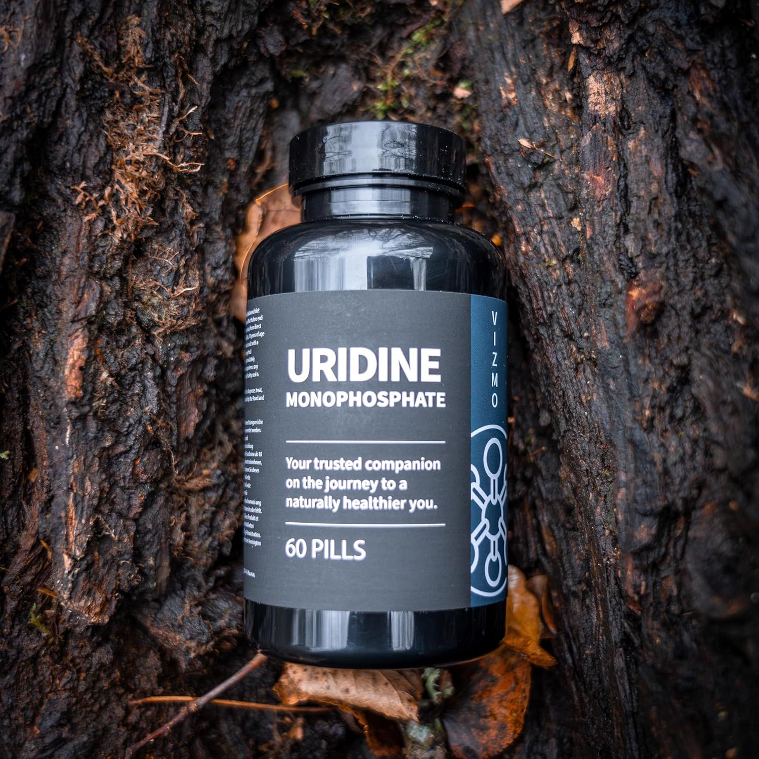 Schwarze Flasche mit Kapseln auf Baumrinde. Aufschrift Uridin Monophosphat, 60 Pillen. Vizmo-Logo.