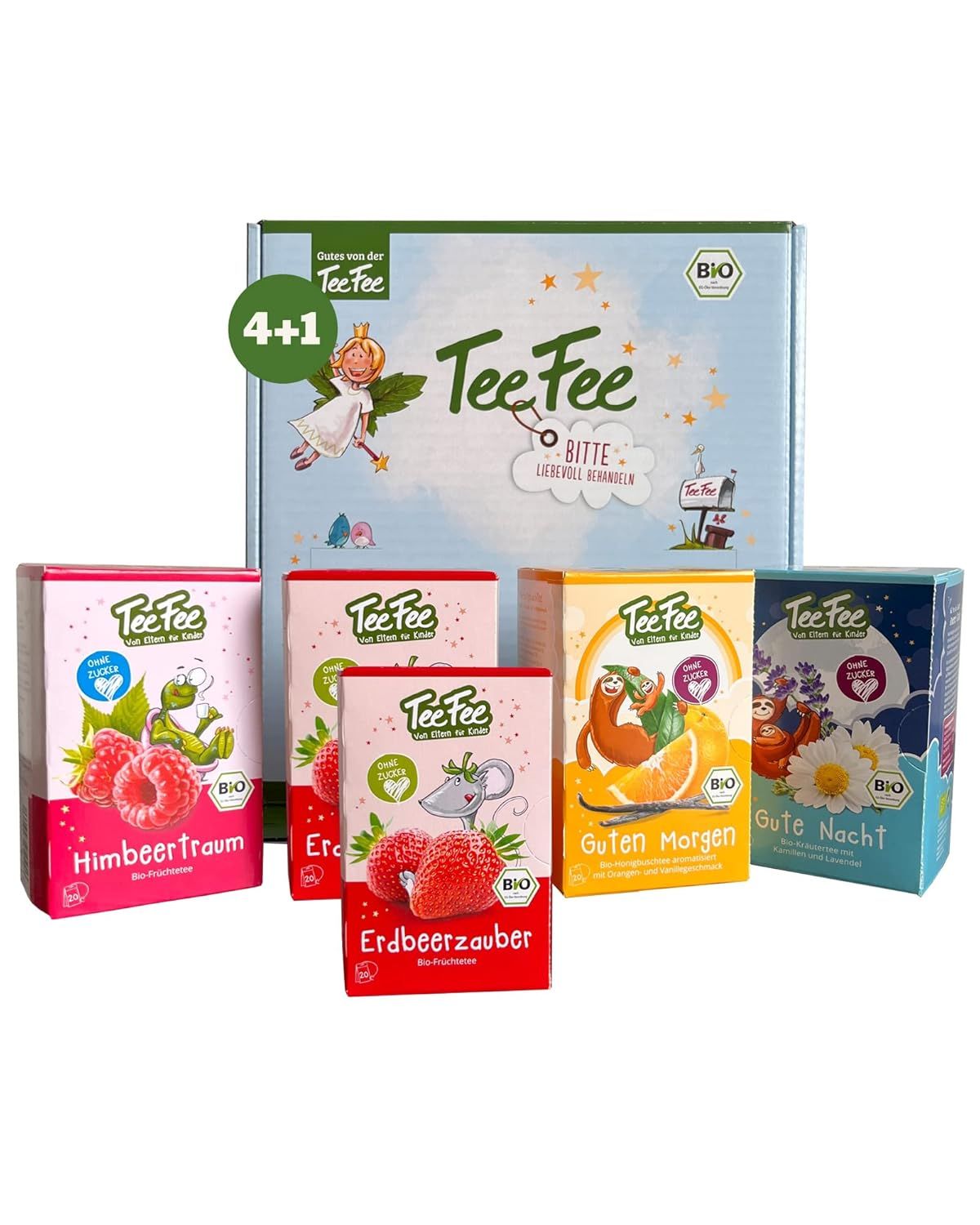 TeeFee Bio-Kindertee-Set. Karton mit 4 Tee-Sorten. Aufdrucke: Himbeer Traum, Erdbeerzauber, Guten Morgen, Gute Nacht. Bio-Siegel.