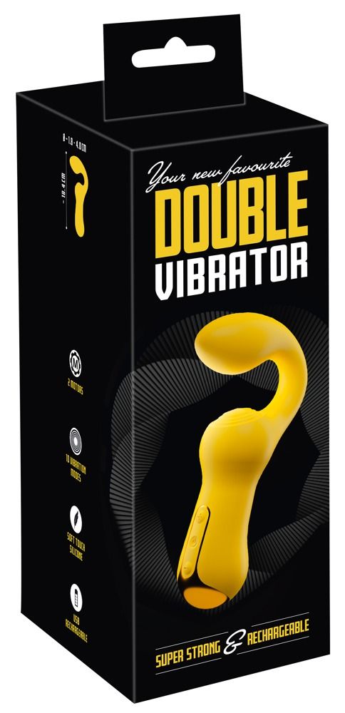 Verpackung für einen Vibrator. Schwarzer Karton mit Produktabbildung und Text.