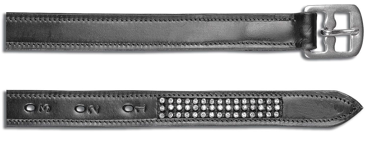 Pferde-Steigbügelriemen mit Strasssteinen. Schwarzes Leder, silberne Schnalle, Strasssteine. Detailansicht.