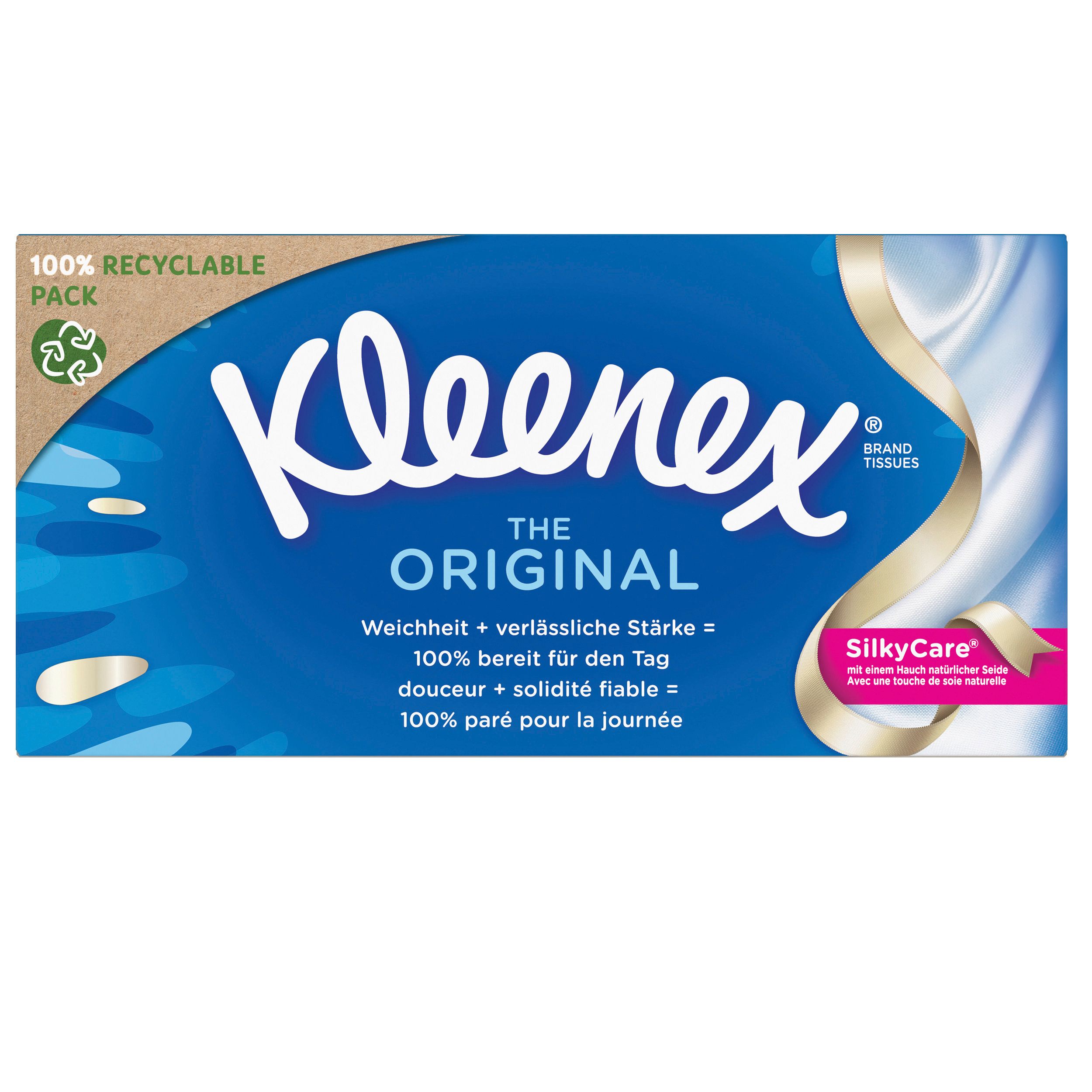 Kleenex Original Taschentücher-Box. Blaue Box mit weißem Logo und Text. 100% recycelbar. SilkyCare.