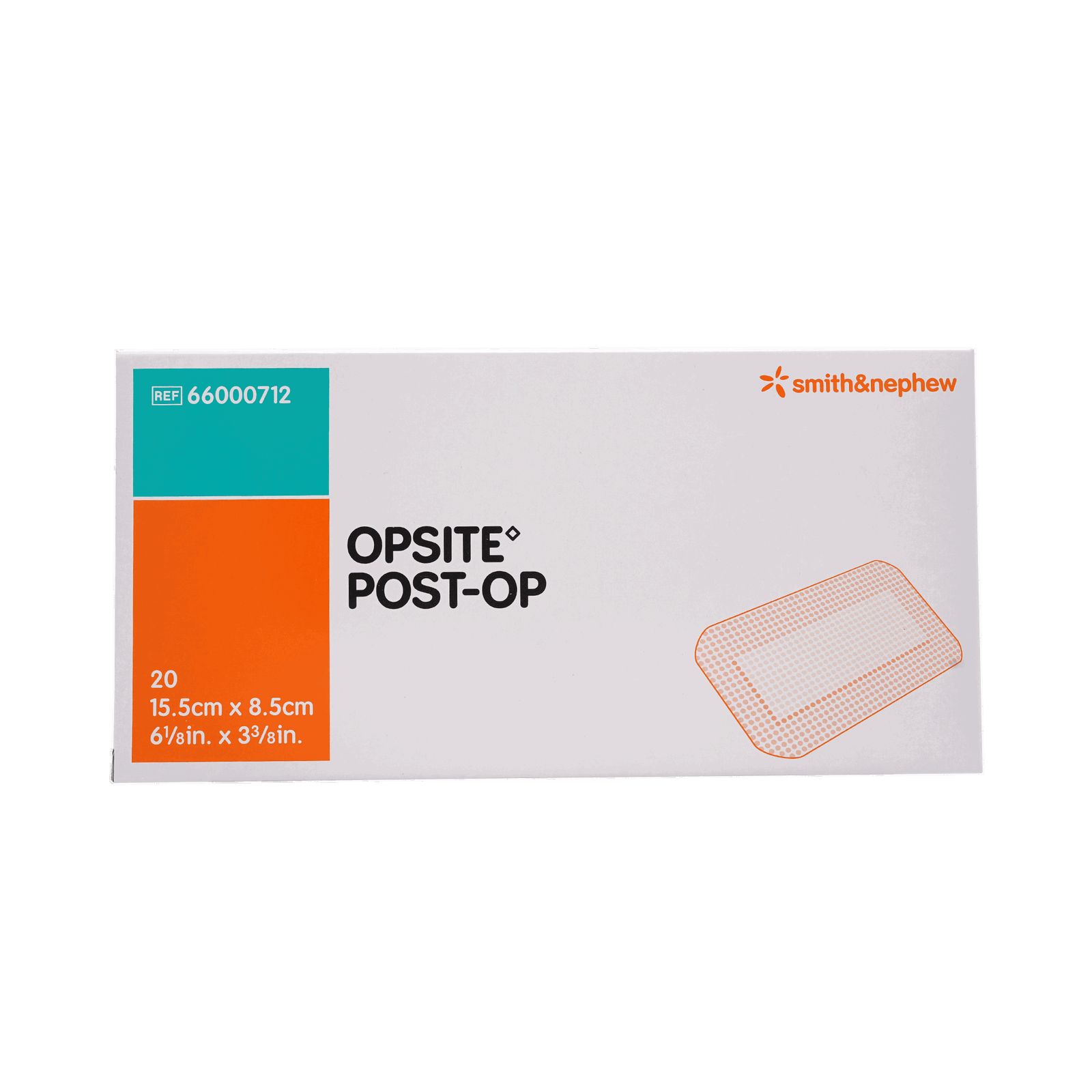 Verpackung Opsite Post-Op Verband. Weiß mit orangefarbenem Feld. Enthält 20 Verbände, 15,5 x 8,5 cm. Smith & Nephew Logo.