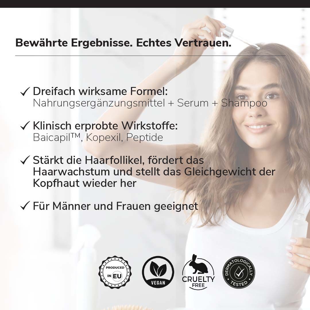Frau mit Pipette am Kopf, Text über wirksame Formel, klinisch erprobte Wirkstoffe, Haarfollikel-Stärkung und Eignung für Männer und Frauen.