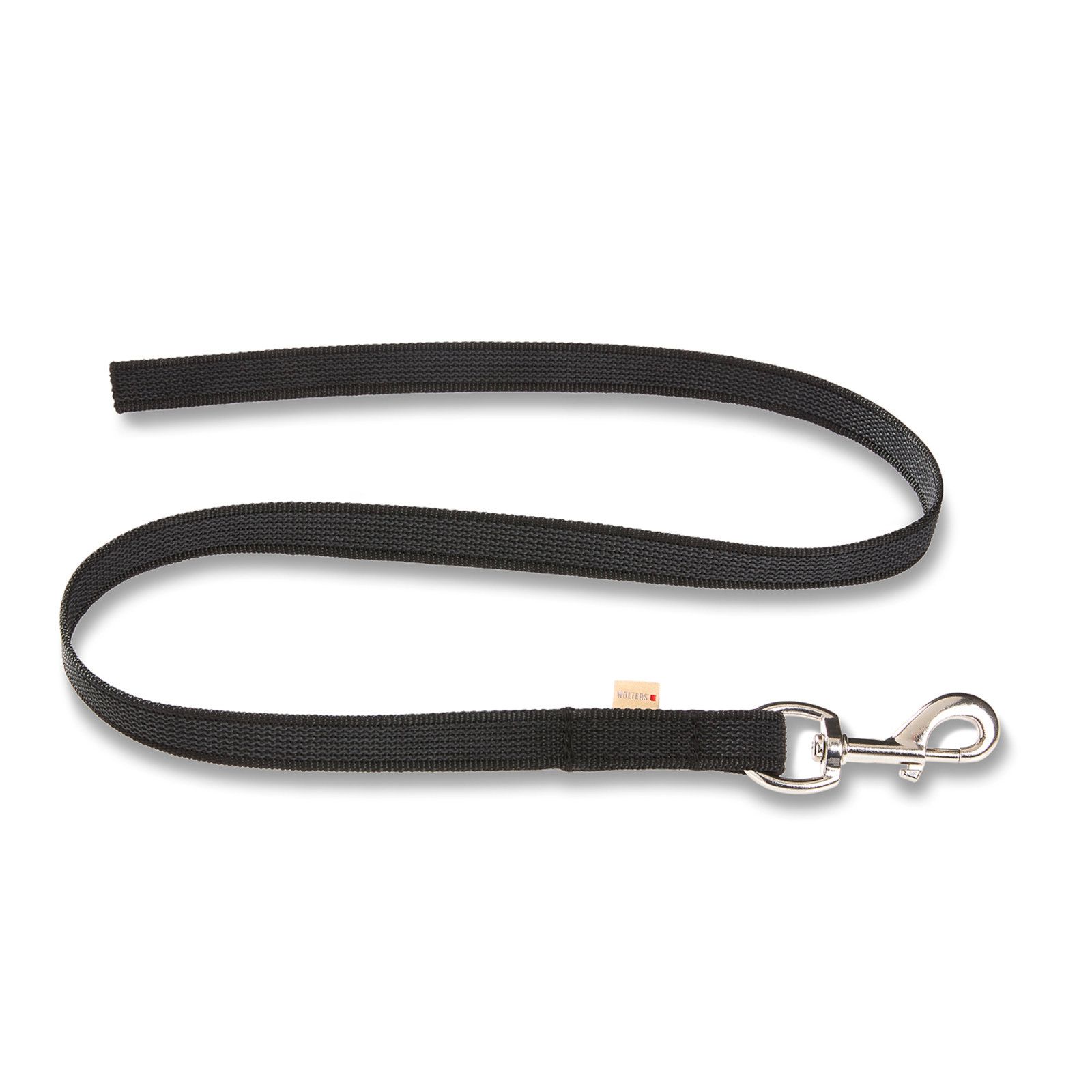 Schwarze Trainingsleine für Hunde. Flaches, gewebtes Material mit Karabinerhaken. Kleines Etikett am Ansatz.