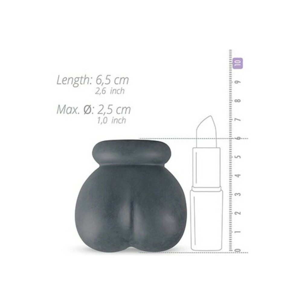 Graues Silikonprodukt mit Maßangaben. Länge: 6,5 cm, Durchmesser: 2,5 cm. Eine Lippenstift dient als Größenvergleich.