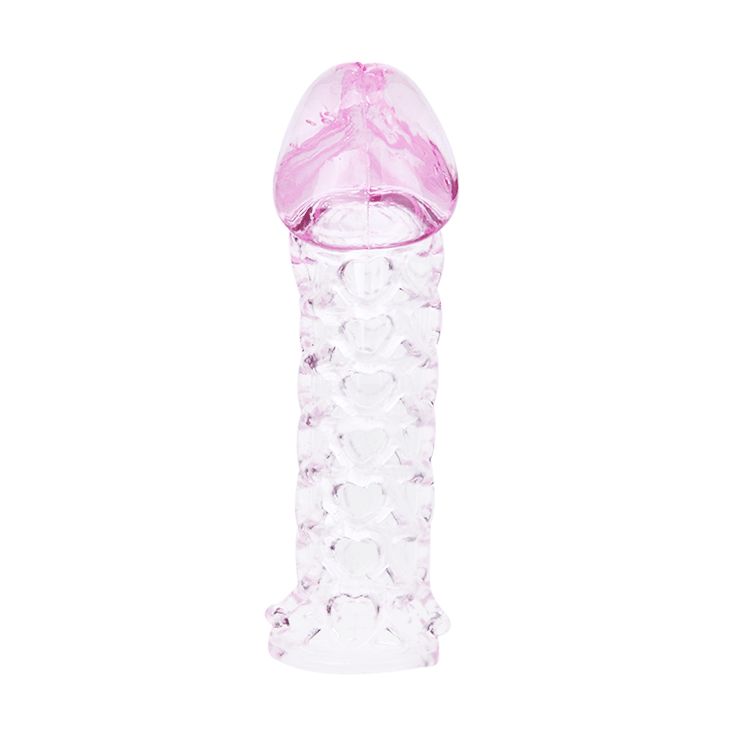 Penis-Extender-Cover. Transparentes Material mit rosa Spitze. Geriffelte Oberfläche.